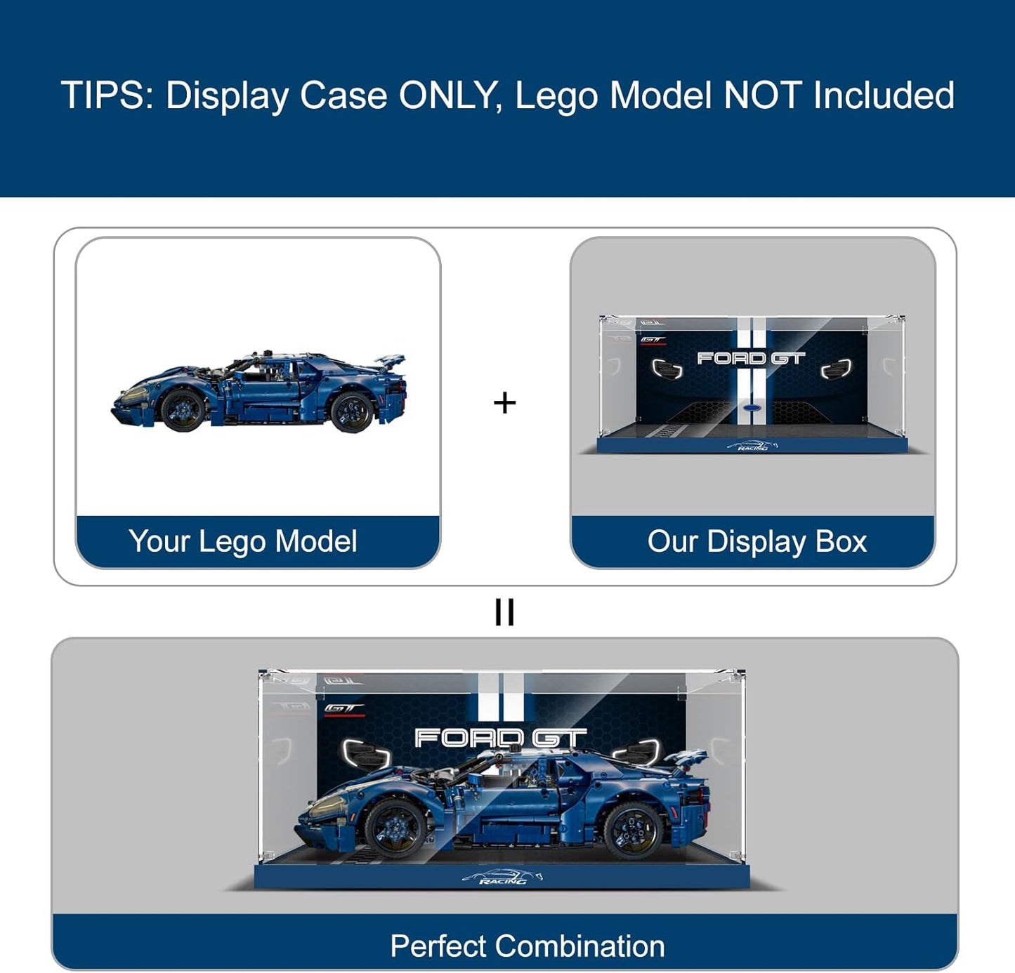 Acrylic Display Case for LEGO Technic 2022 Ford GT 42154 Car Model Kit, Clear Acrylic Plate with Base & Painted Background